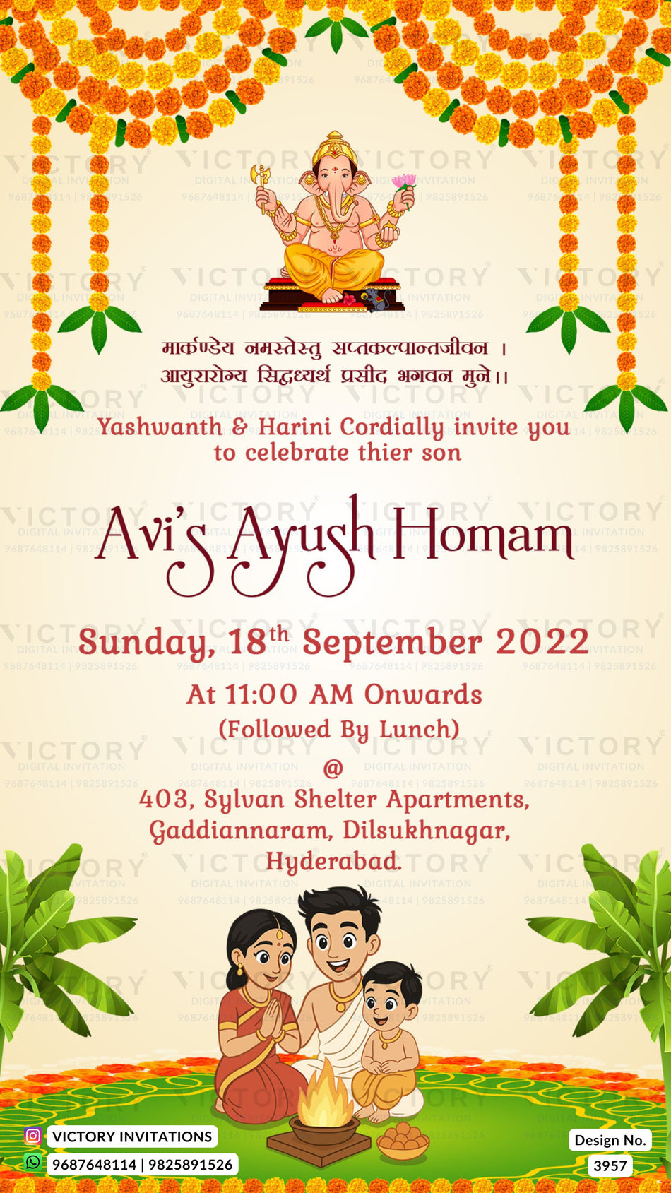 Ayush Homan ceremony invitation card in english language with marigold garland, family doodle as traditional theme design 3957