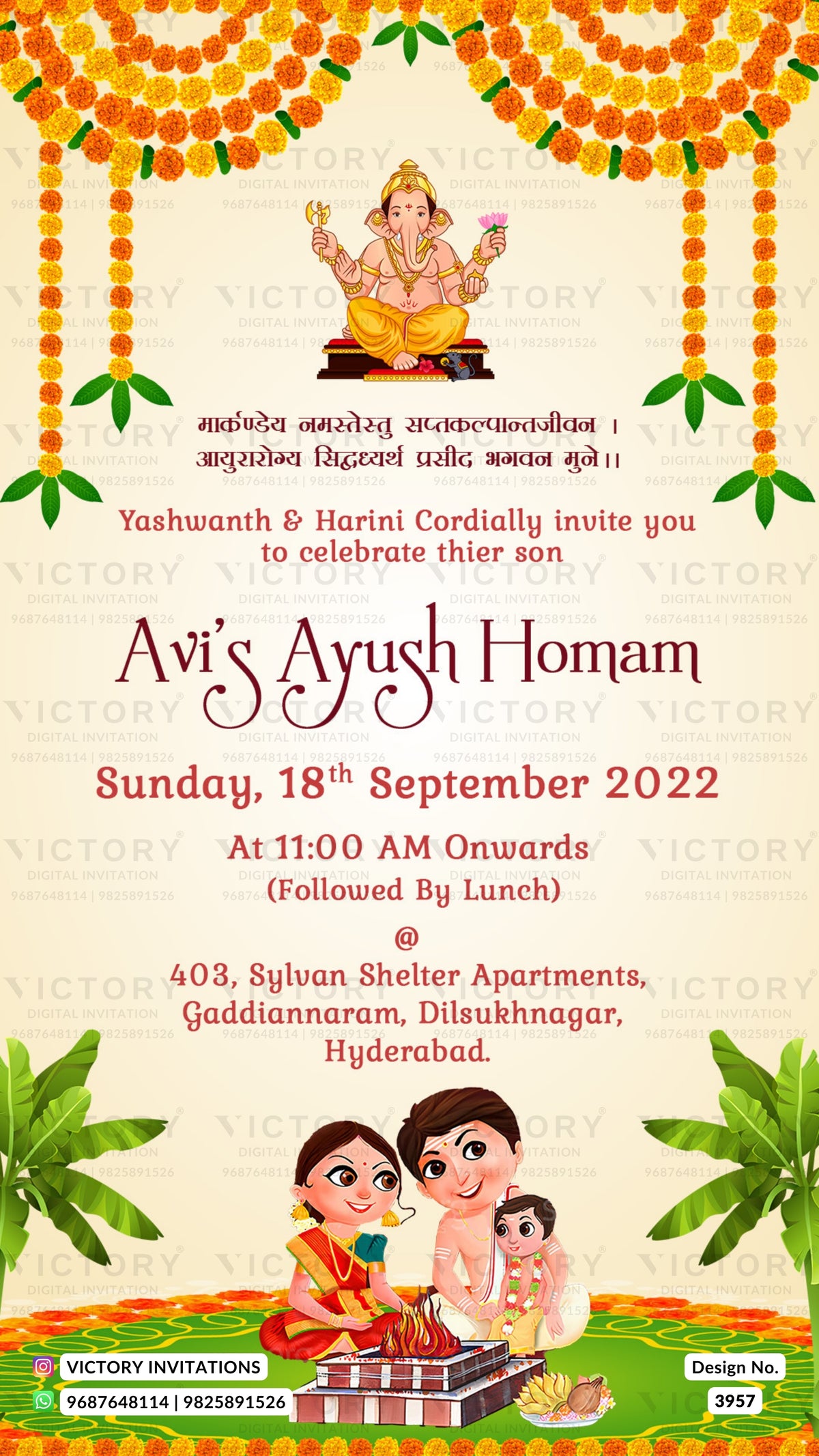 Ayush Homan ceremony invitation card in english language with marigold garland, family doodle as traditional theme design 3957