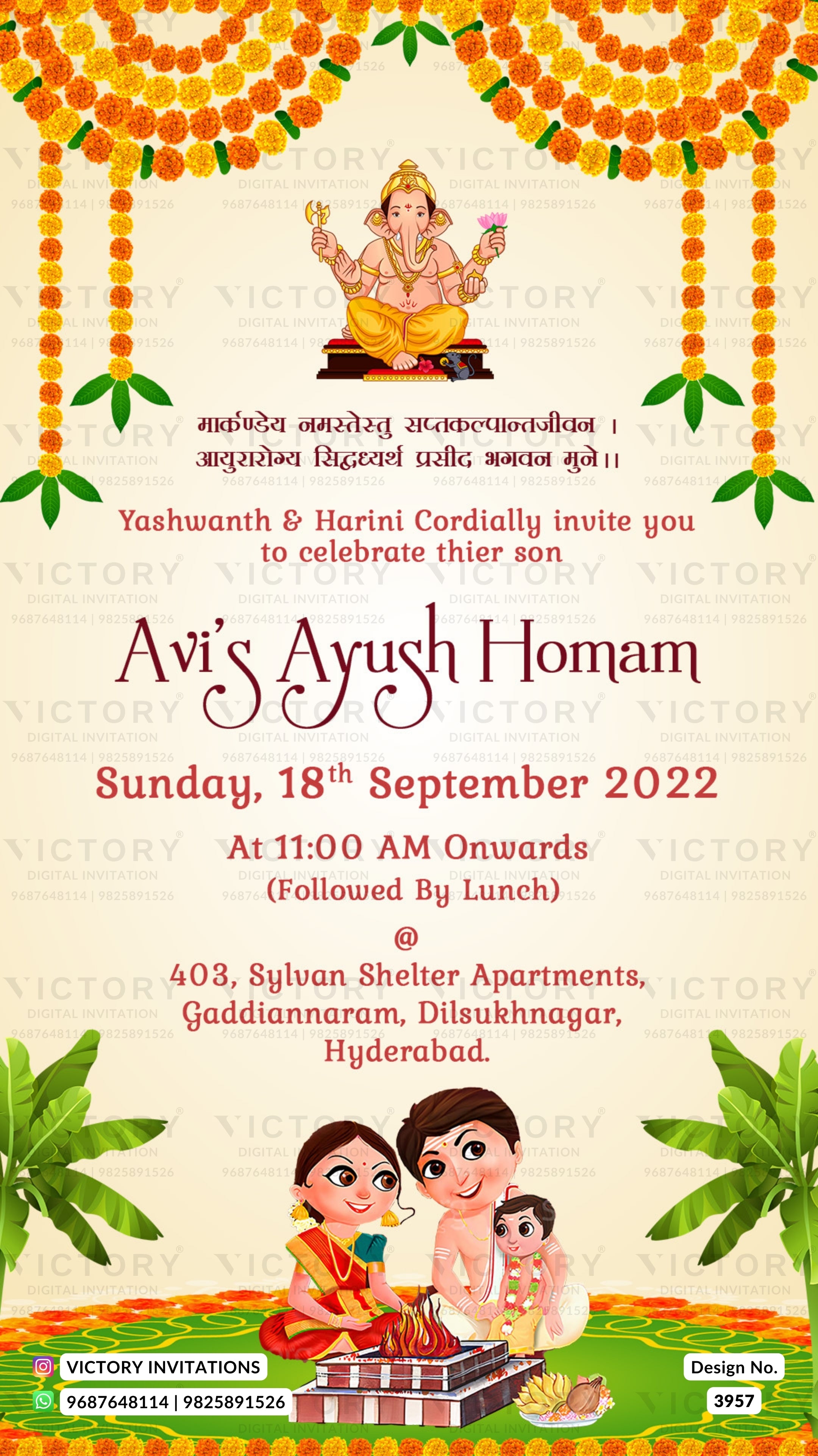 Ayush Homan ceremony invitation card in english language with marigold garland, family doodle as traditional theme design 3957