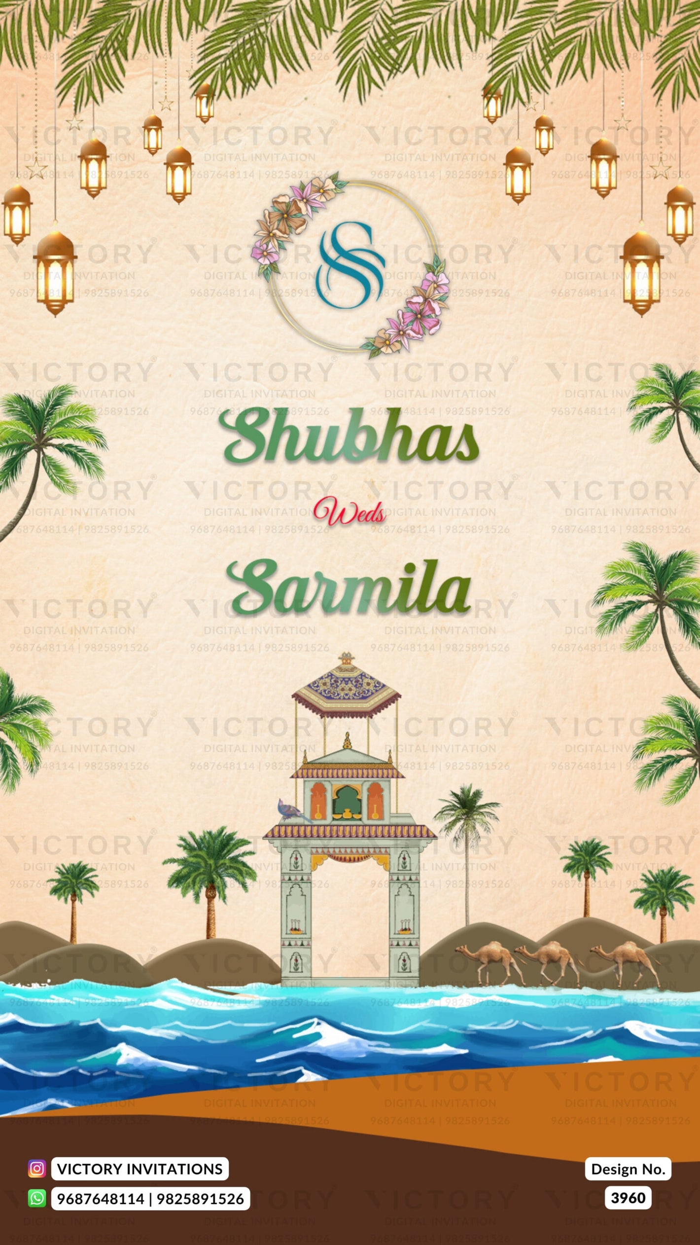 Wedding ceremony invitation card of hindu rajasthani jain family in english language with royal theme design 3960