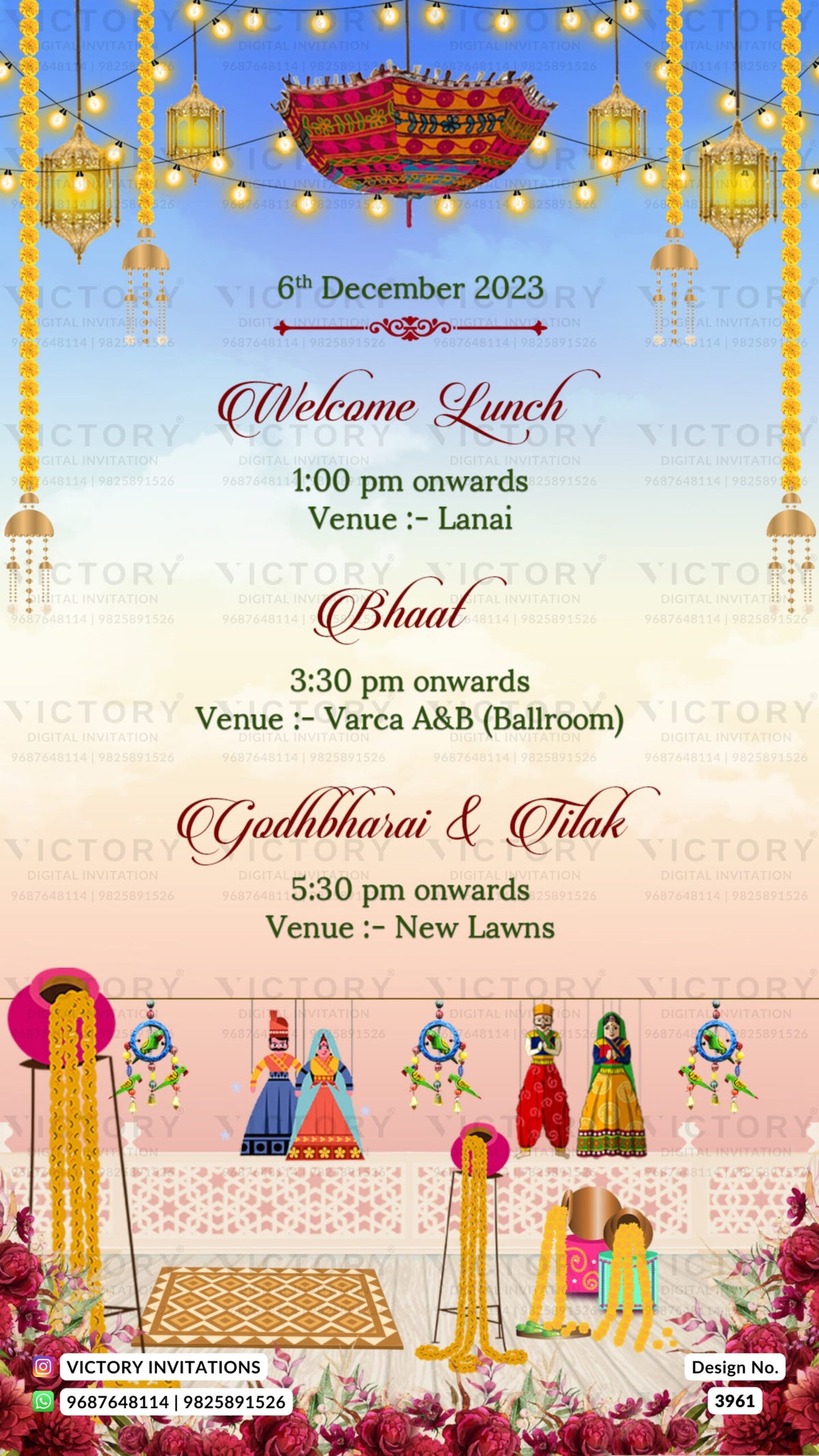 Wedding ceremony invitation card of hindu gujarati patel family in english language with beach theme design 3961