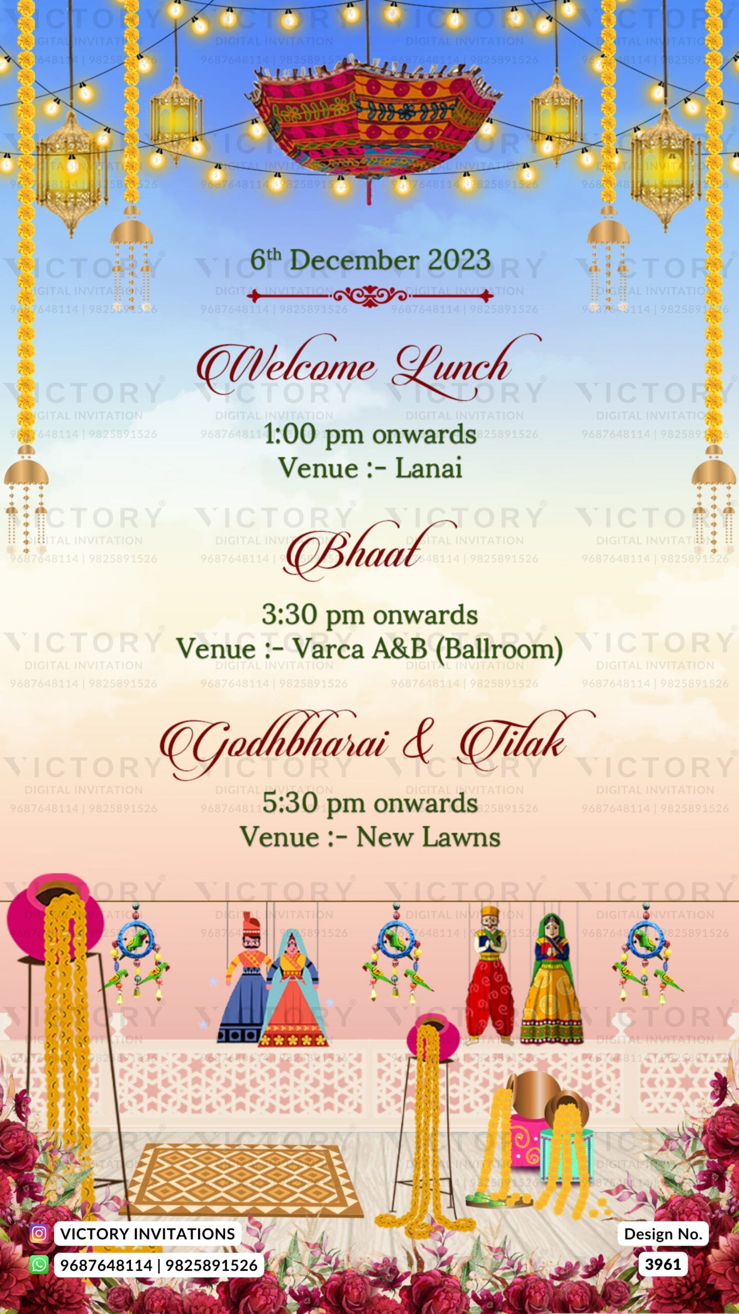 Wedding ceremony invitation card of hindu gujarati patel family in english language with beach theme design 3961