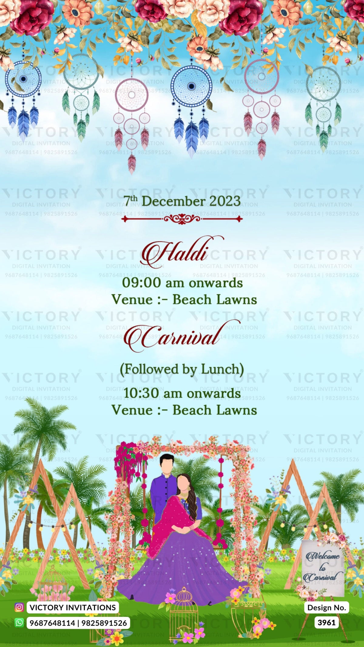 Wedding ceremony invitation card of hindu gujarati patel family in english language with beach theme design 3961