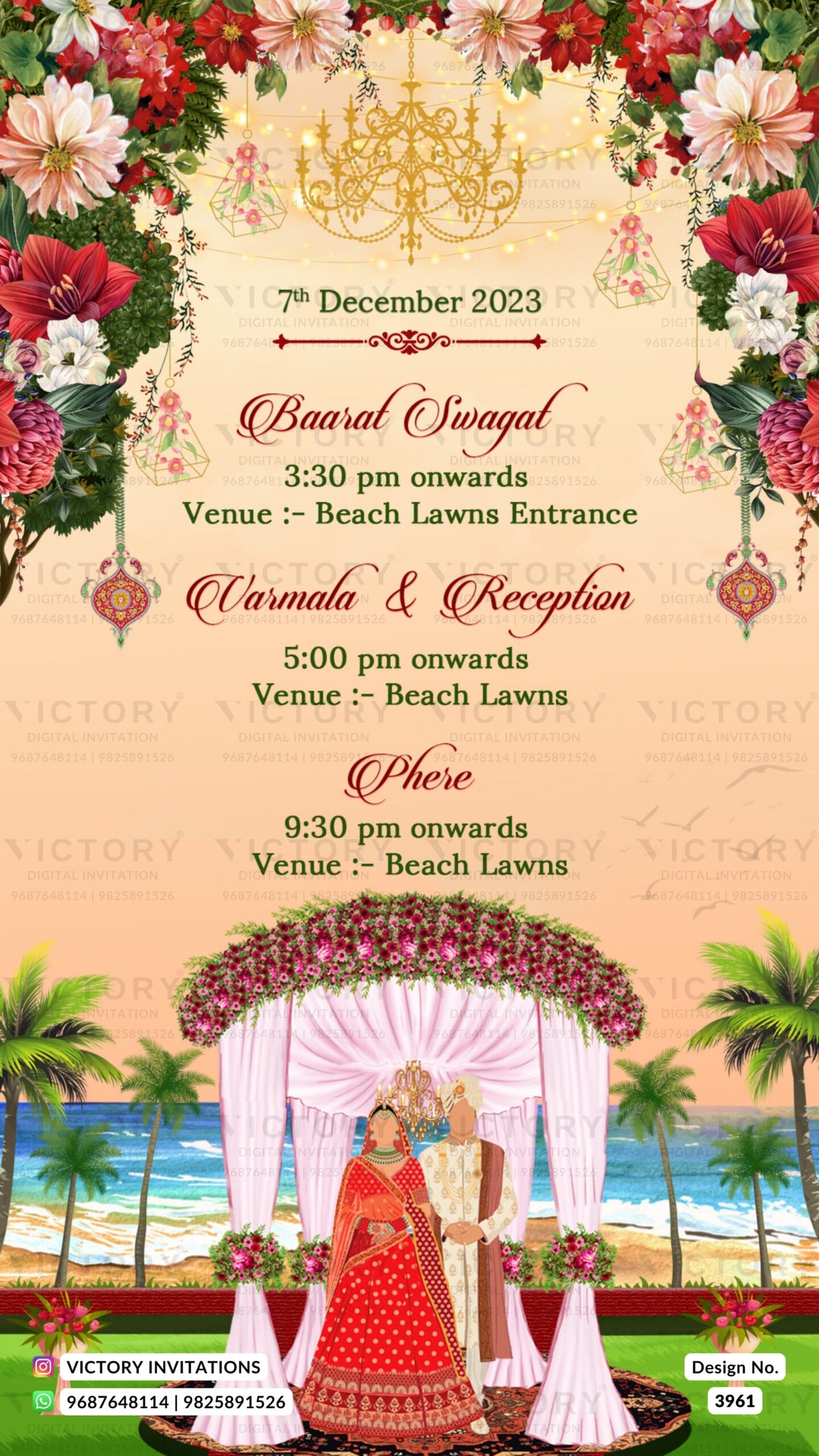 Wedding ceremony invitation card of hindu gujarati patel family in english language with beach theme design 3961