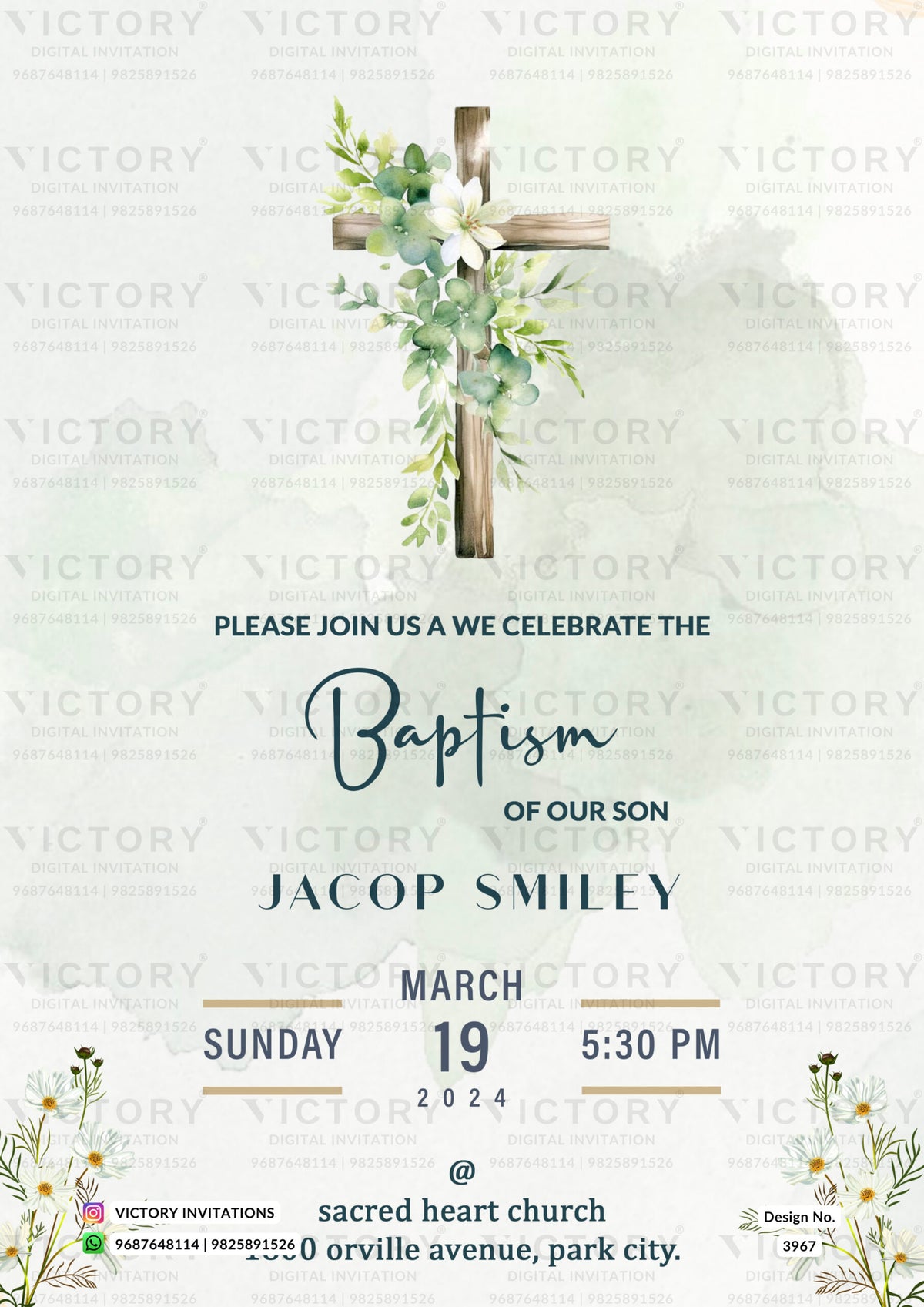 Baptism ceremony invitation card in english language with flowers, leaves as minimalistic theme design 3967