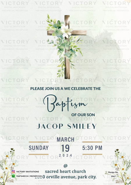 Baptism ceremony invitation card in english language with flowers, leaves as minimalistic theme design 3967