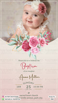 Baptism ceremony invitation card in english language with baby image, flowers as floral theme design 3968