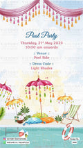 Pool Party invitation card in english language with curtains, umbrella as beach theme design 3969