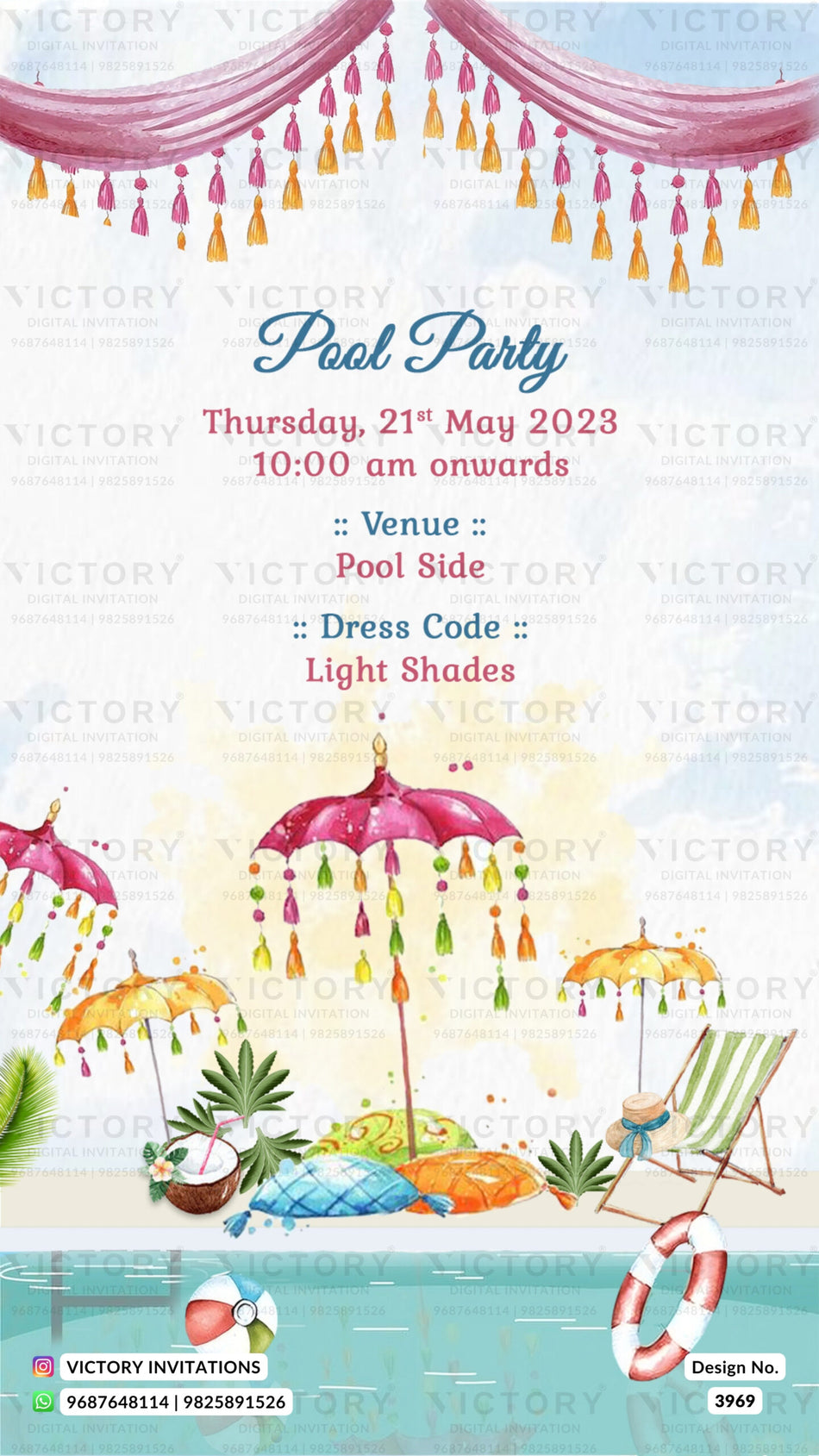 Pool Party invitation card in english language with curtains, umbrella as beach theme design 3969