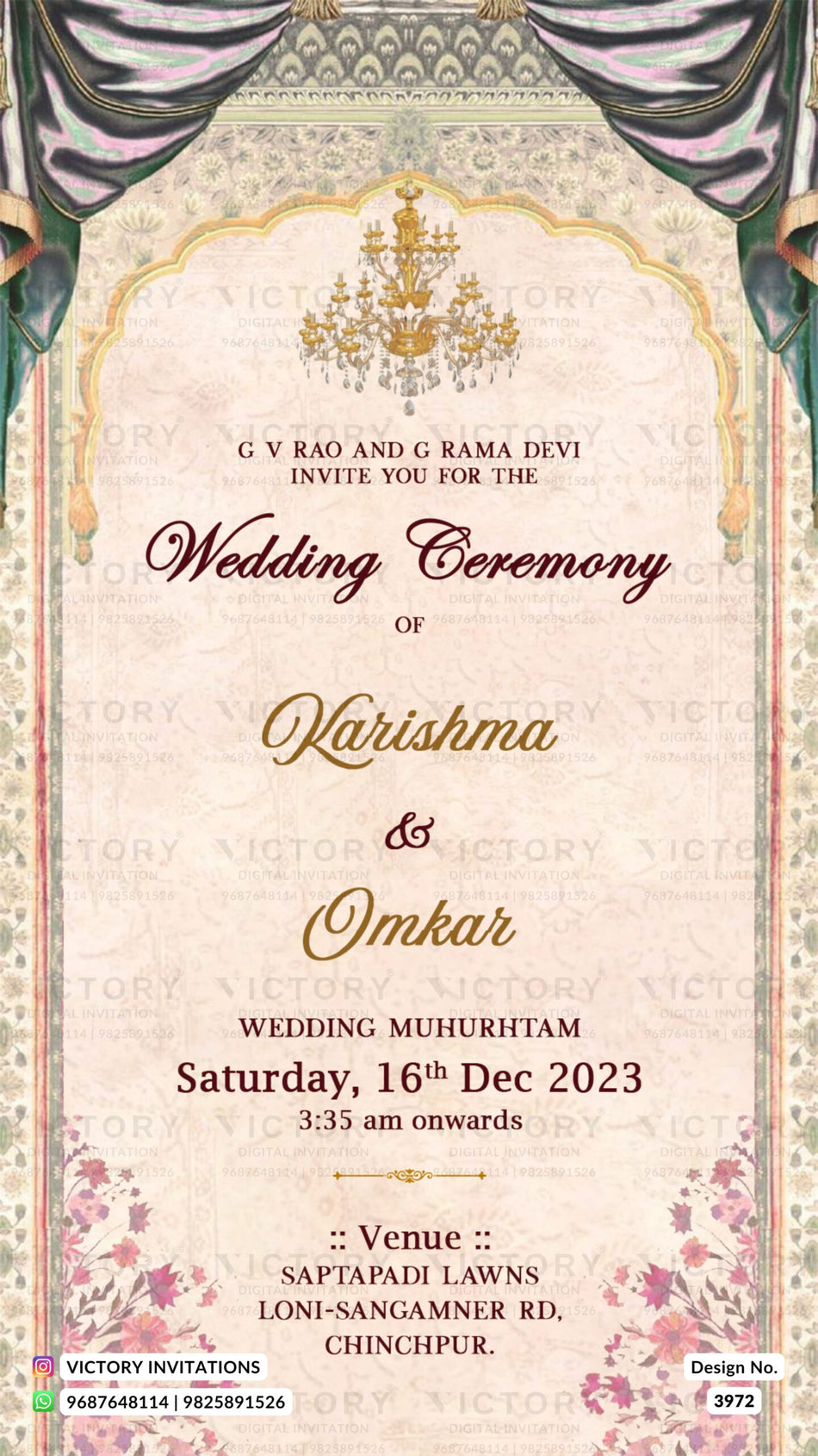 Wedding ceremony invitation card of hindu maharashtrian marathi family in english language with traditional theme design 3972