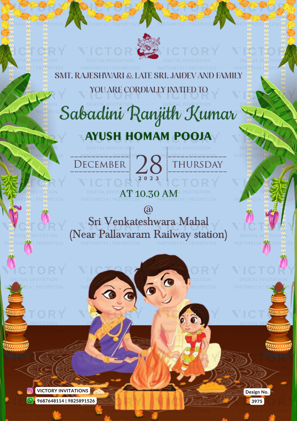 Ayush Homan ceremony invitation card in english language with banana leaves, kalash as minimalistic theme design 3975