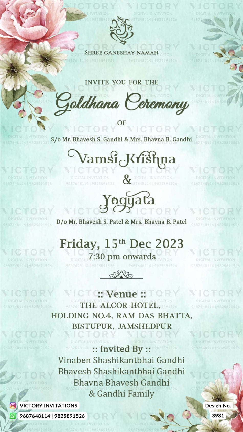 Gol Dhana Ceremony invitation card of english family in english language with flowers as floral theme design 3981