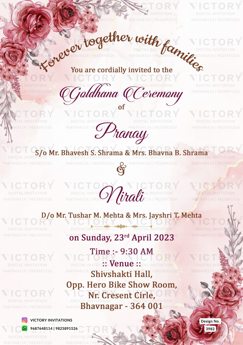 Gol Dhana Ceremony invitation card of english family in english language with flowers as floral theme design 3982
