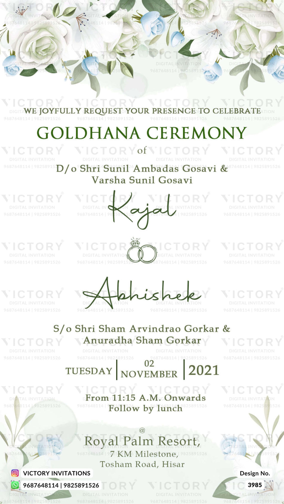 Gol Dhana Ceremony invitation card of english family in english language with flowers, couple ring as artistic floral theme design 3985