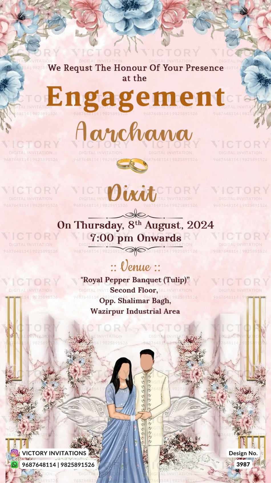 Engagement ceremony invitation card in english language with flowers, leaves, couple doodle as classic theme design 3987