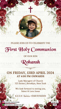 First holy communion ceremony invitation card in english language with baby image, flowers as floral theme design 3988