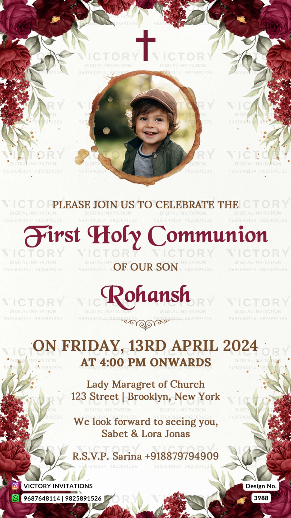 First holy communion ceremony invitation card in english language with baby image, flowers as floral theme design 3988