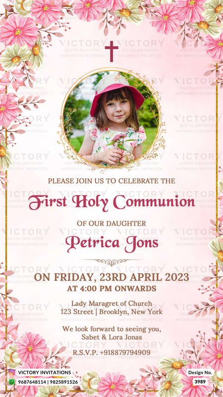 First holy communion ceremony invitation card in english language with baby image, flowers as floral theme design 3989
