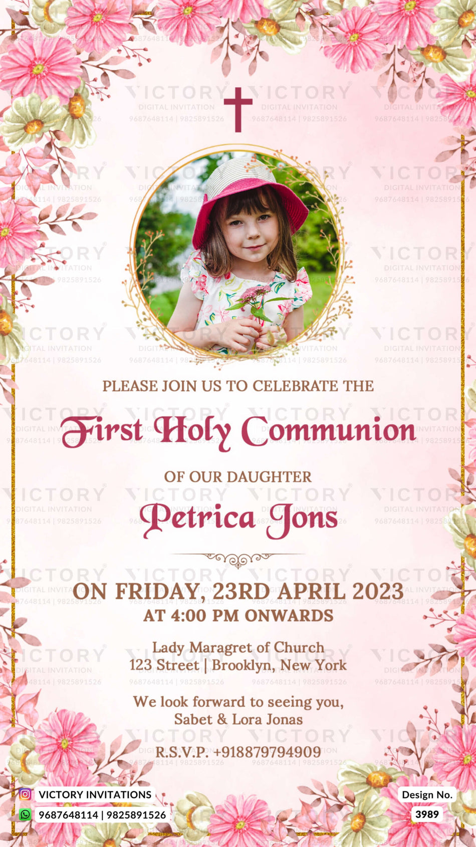 First holy communion ceremony invitation card in english language with baby image, flowers as floral theme design 3989