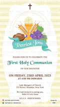 First holy communion ceremony invitation card in english language with christian cross symbol, frame as minimalistic theme design 3990