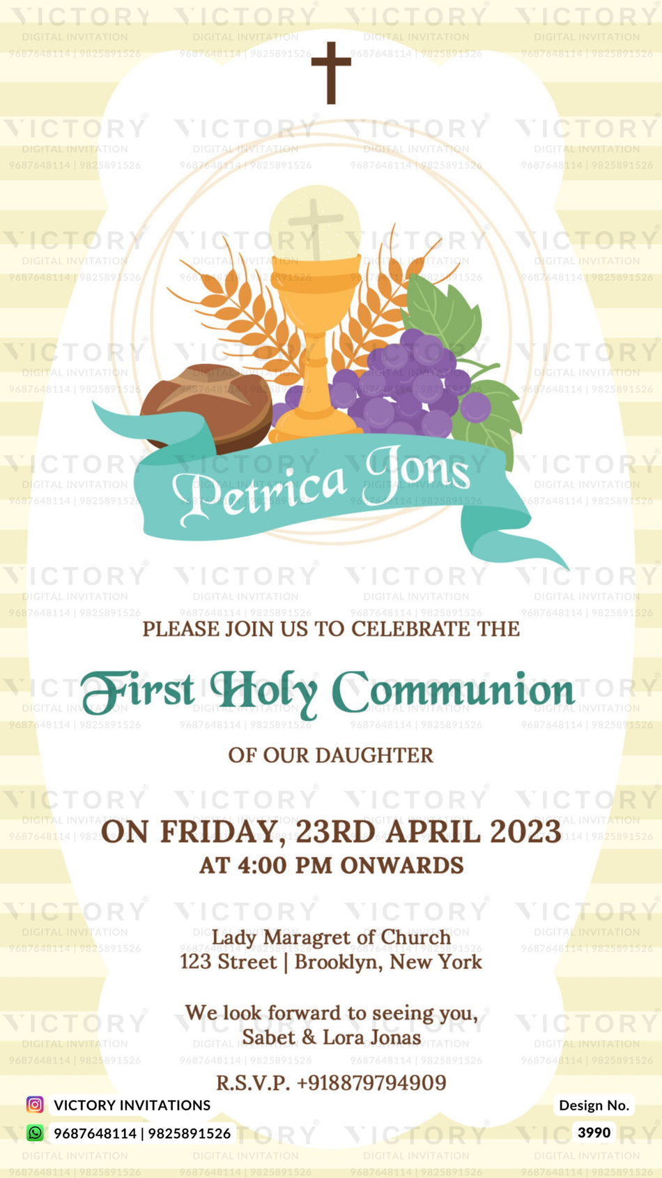 First holy communion ceremony invitation card in english language with christian cross symbol, frame as minimalistic theme design 3990