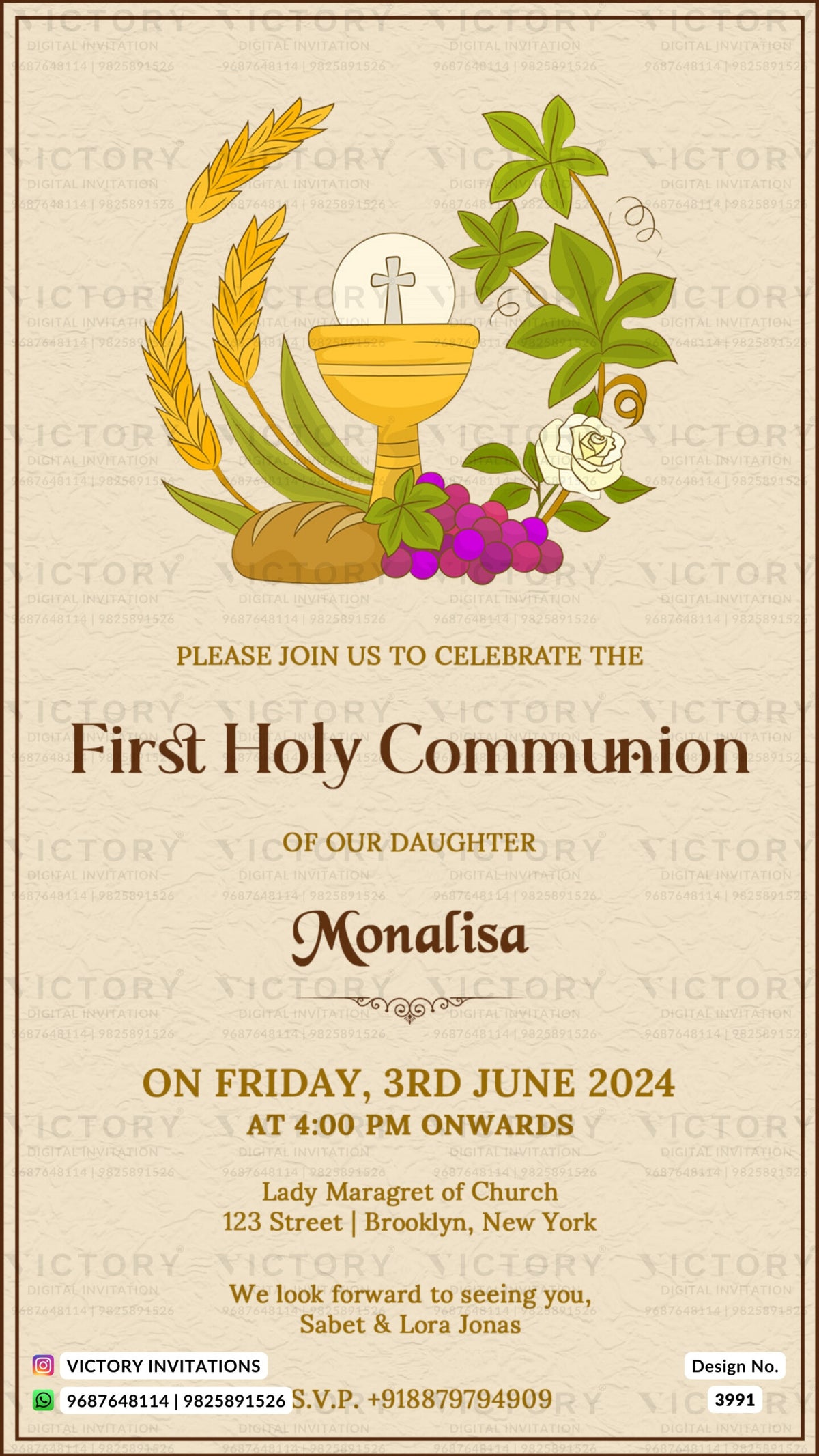 First holy communion ceremony invitation card in english language with minimalistic theme design 3991