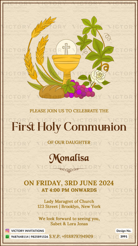 First holy communion ceremony invitation card in english language with minimalistic theme design 3991
