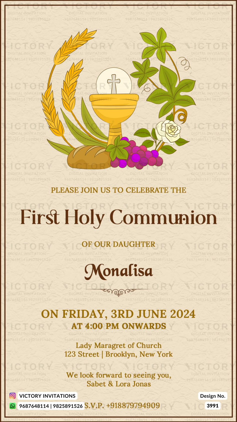 First holy communion ceremony invitation card in english language with minimalistic theme design 3991