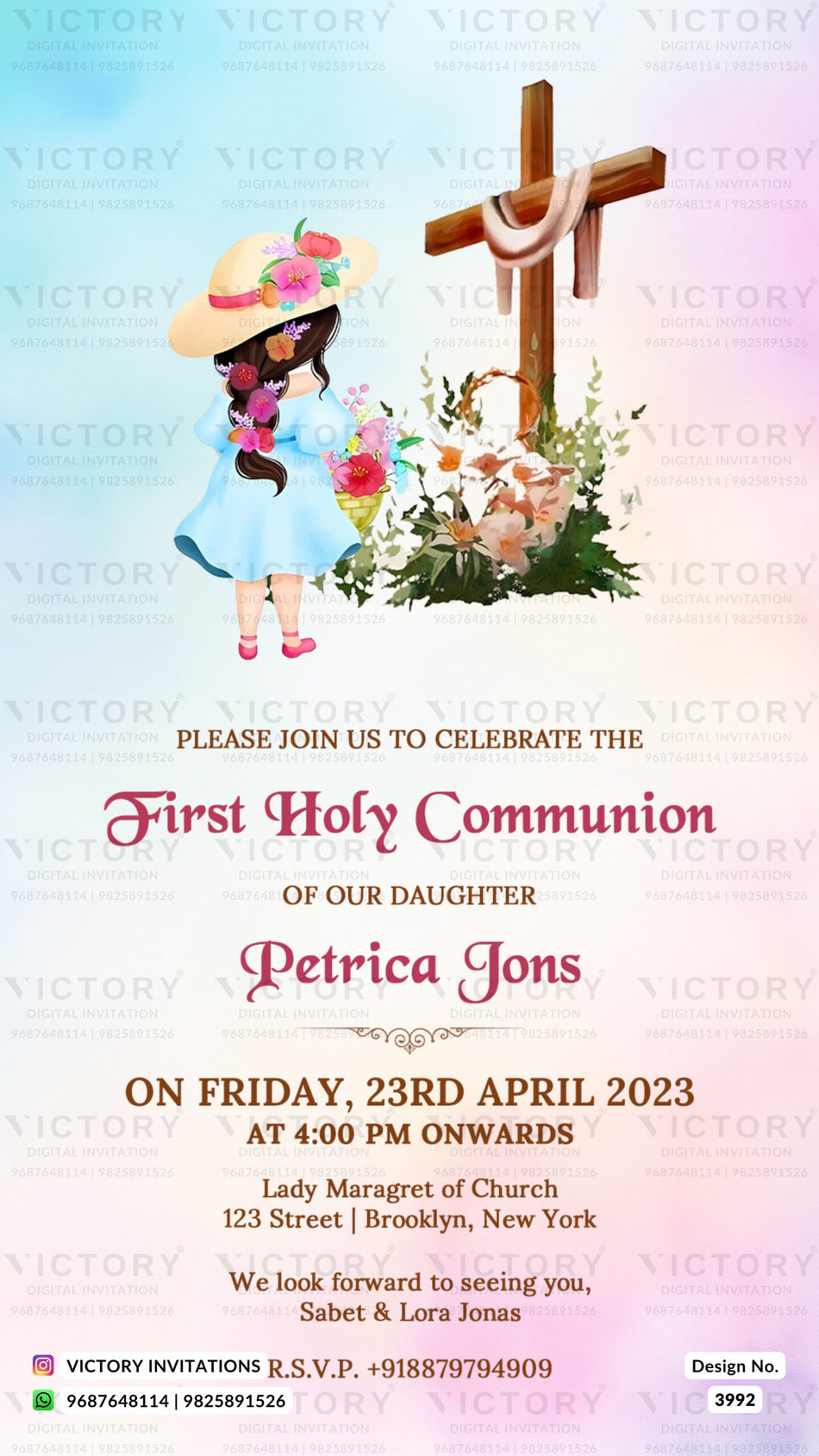 First holy communion ceremony invitation card in english language with christian cross symbol as minimalistic theme design 3992