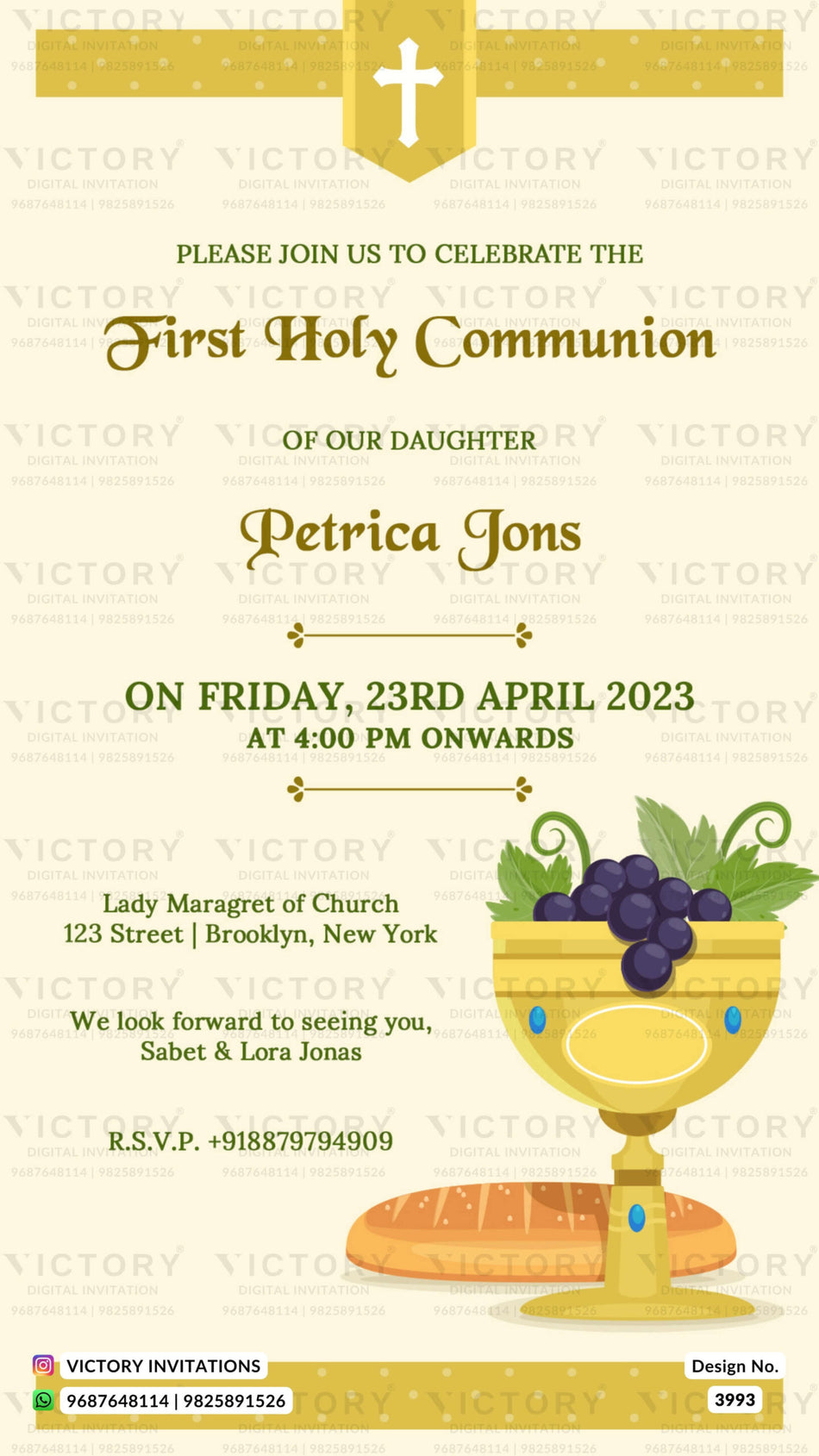 First holy communion ceremony invitation card in english language with christian cross symbol, fruit as minimalistic theme design 3993