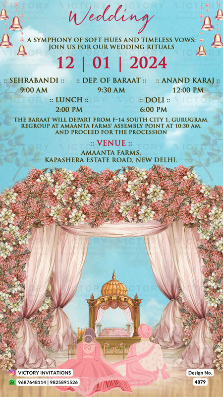 A digital wedding invitation template featuring a detailed illustration of a traditional Indian wedding setup. The design showcases a light blue sky background decorated with pink and white marigold flowers, a pink and gold wedding canopy, and a pink sedan chair.