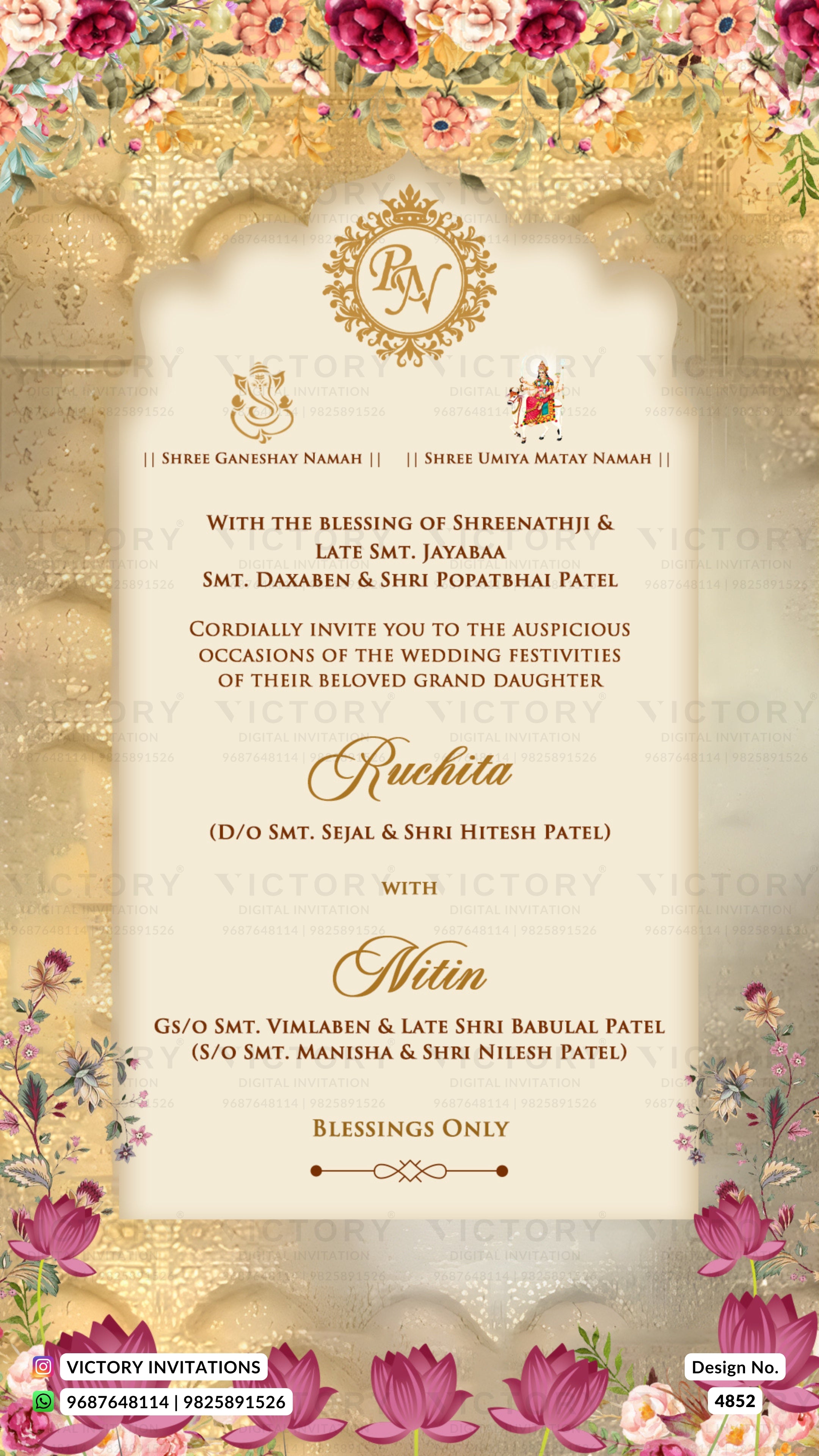 A digital preview of a wedding invitation card featuring a cream-colored central panel framed by an ornate gold arch, decorated with pink lotus flowers and a floral border at the top and bottom. The text is written in elegant gold and black fonts, and the card is branded with 'Victory Invitations' at the bottom.