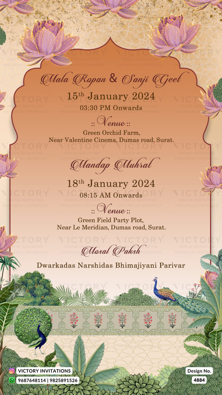 A festive wedding invitation card featuring a central peach-colored arched frame with event details in elegant script, surrounded by pink lotus flowers, green foliage, peacocks, and a textured cream background.