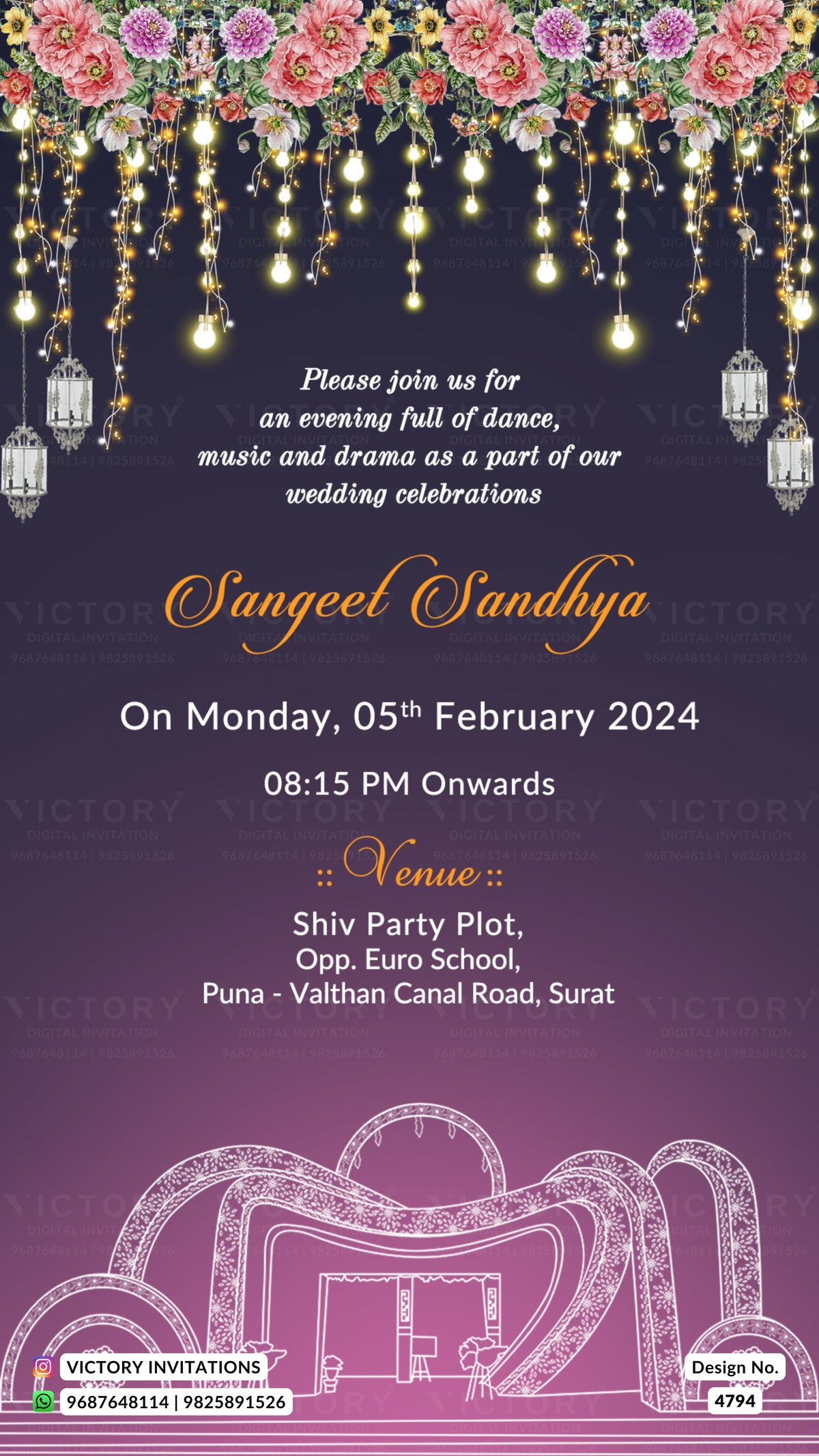 A digital wedding invitation card with a dark purple gradient background, decorated with pink and white flowers, hanging lanterns, and warm glowing string lights at the top. The text details an evening celebration for 'Sangeet Sandhya' on Monday, 05th February 2024, at 08:15 PM, held at 'Shiv Party Plot, Opp.