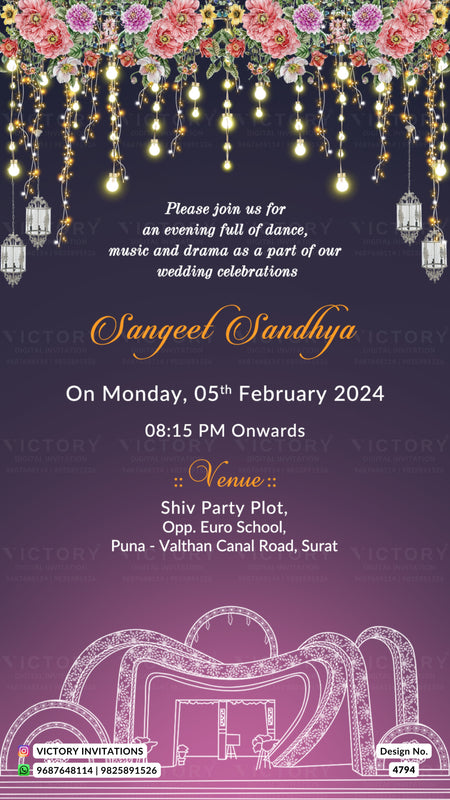 A digital wedding invitation card with a dark purple gradient background, decorated with pink and white flowers, hanging lanterns, and warm glowing string lights at the top. The text details an evening celebration for 'Sangeet Sandhya' on Monday, 05th February 2024, at 08:15 PM, held at 'Shiv Party Plot, Opp.