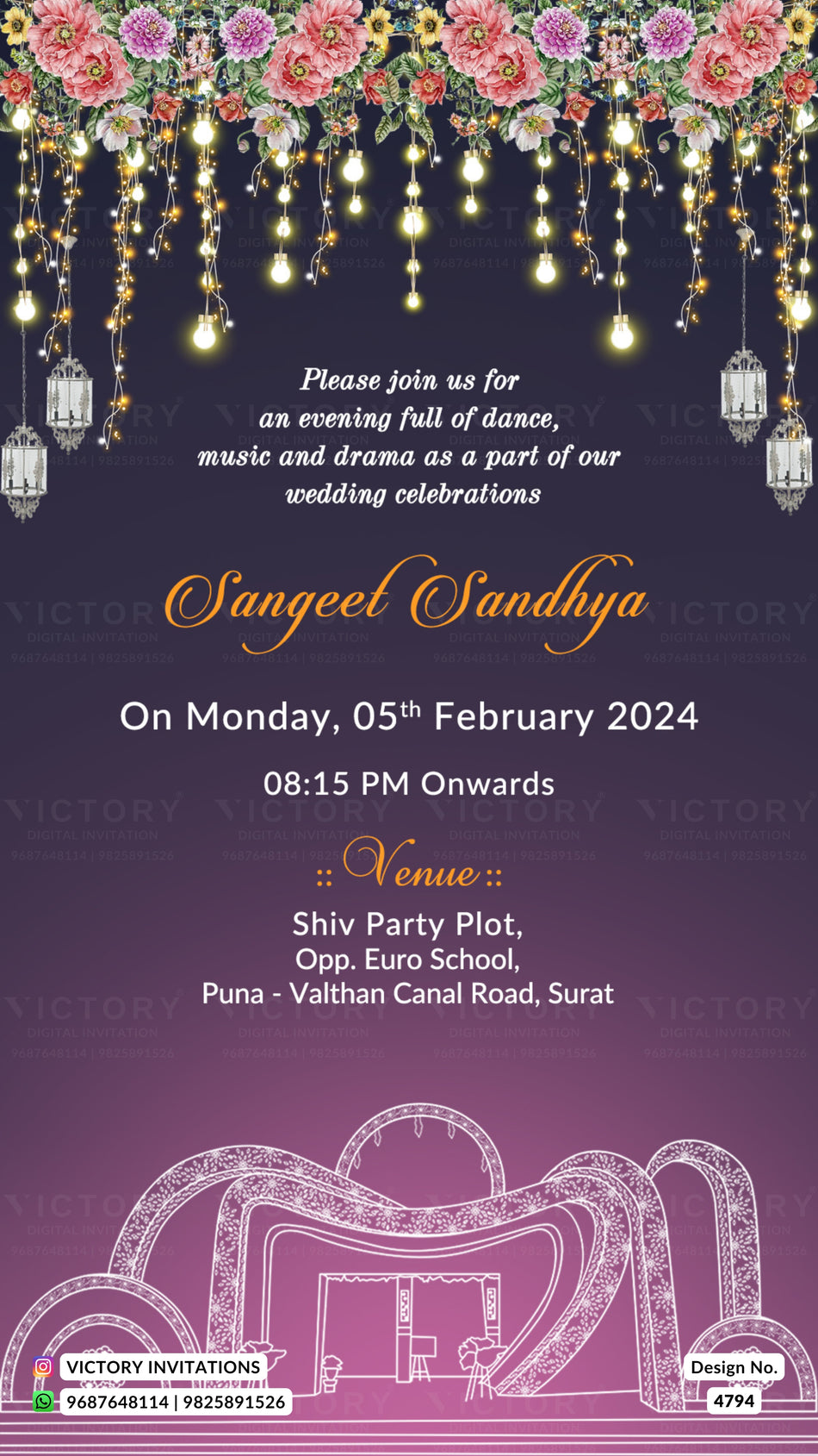 A digital wedding invitation card with a dark purple gradient background, decorated with pink and white flowers, hanging lanterns, and warm glowing string lights at the top. The text details an evening celebration for 'Sangeet Sandhya' on Monday, 05th February 2024, at 08:15 PM, held at 'Shiv Party Plot, Opp.