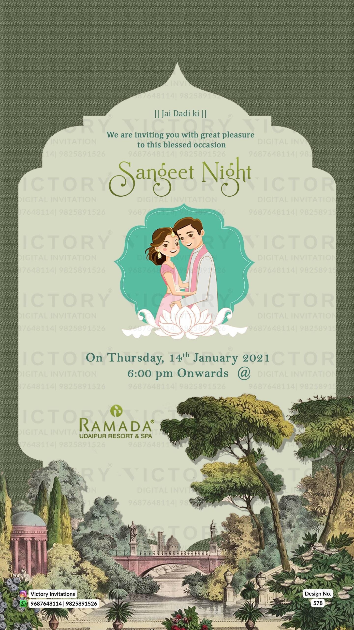 Floral Muted-Pastel Green and Brown Vintage Theme Digital Wedding Invites with Festive Indian Bride and Groom Doodle Illustrations