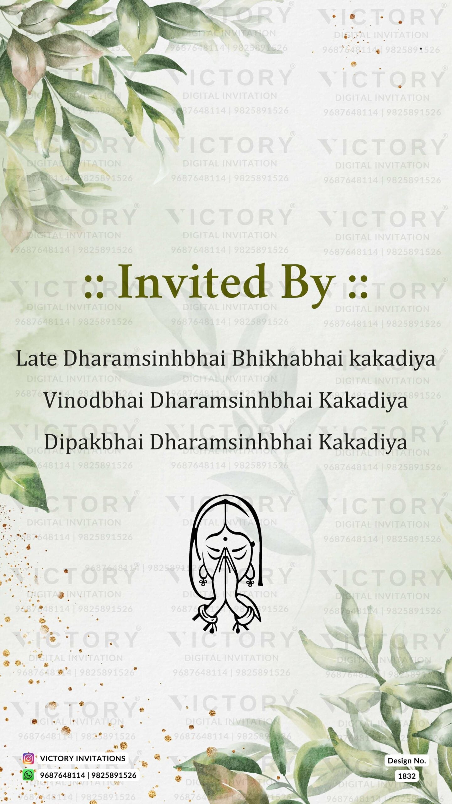 Water-colored Pastel Brown and Green Whimsical Theme Indian Wedding E-invites with No-face Couple Caricature and Luxurious Resorts Illustrations