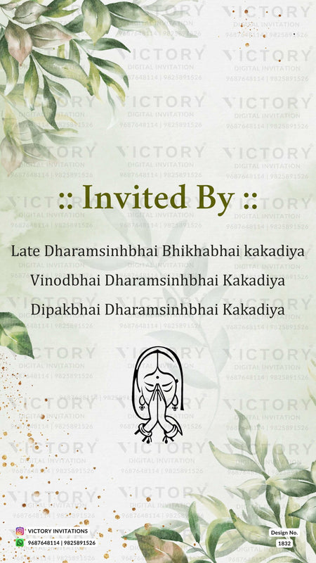 Water-colored Pastel Brown and Green Whimsical Theme Indian Wedding E-invites with No-face Couple Caricature and Luxurious Resorts Illustrations