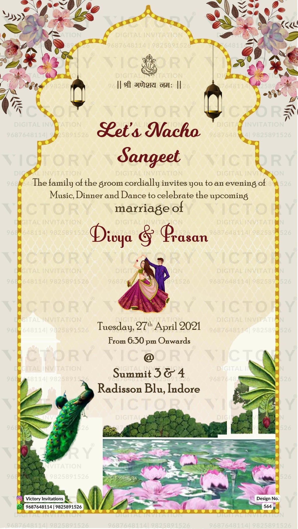 Magnificent Ivory and Beige Vintage Theme Online Wedding Invites with Festive Indian Bride and Groom Doodle