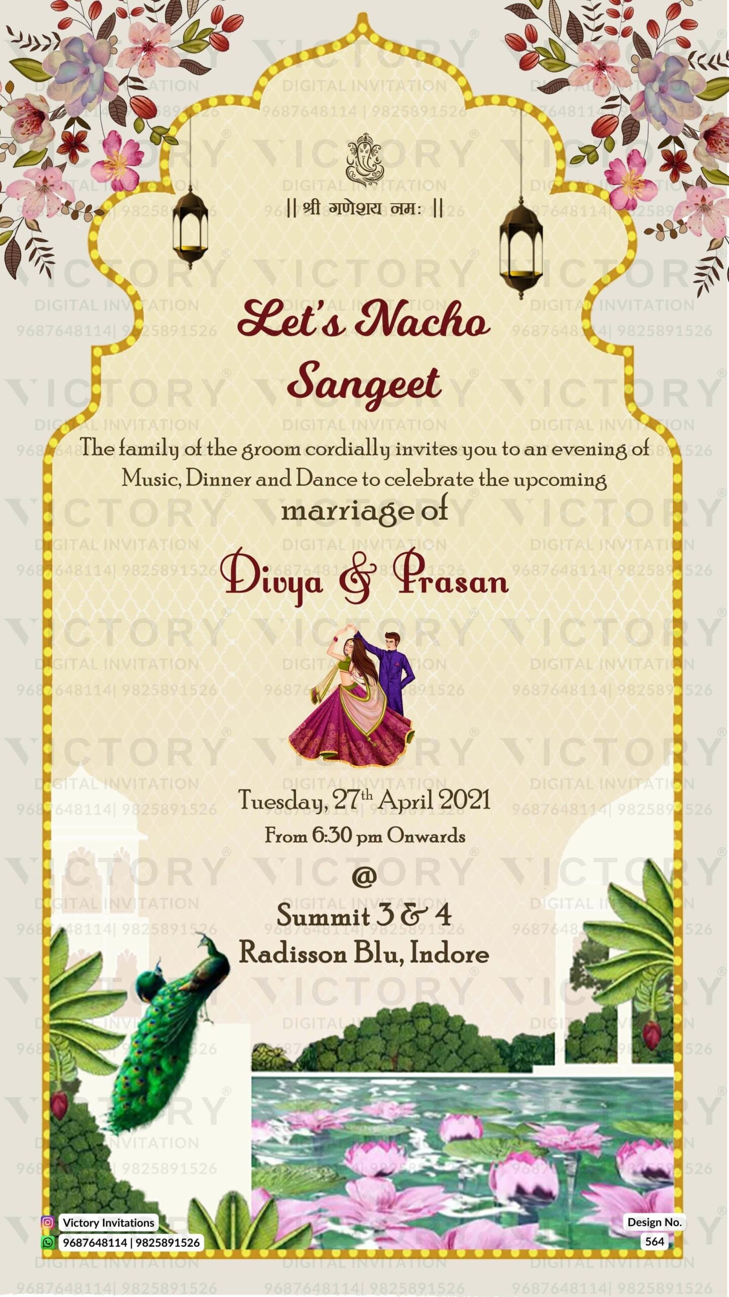 Magnificent Ivory and Beige Vintage Theme Online Wedding Invites with Festive Indian Bride and Groom Doodle