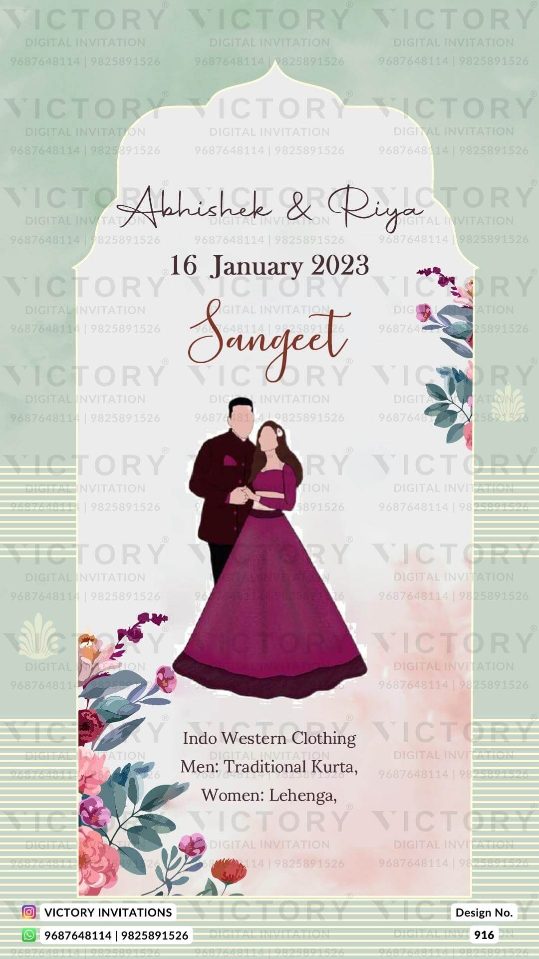 Pastel Pink and Pistachio Green Traditional Floral Theme Indian Wedding E-invitations (Wardrobe Planner) with Festive Indian No-Face Couple Illustrations