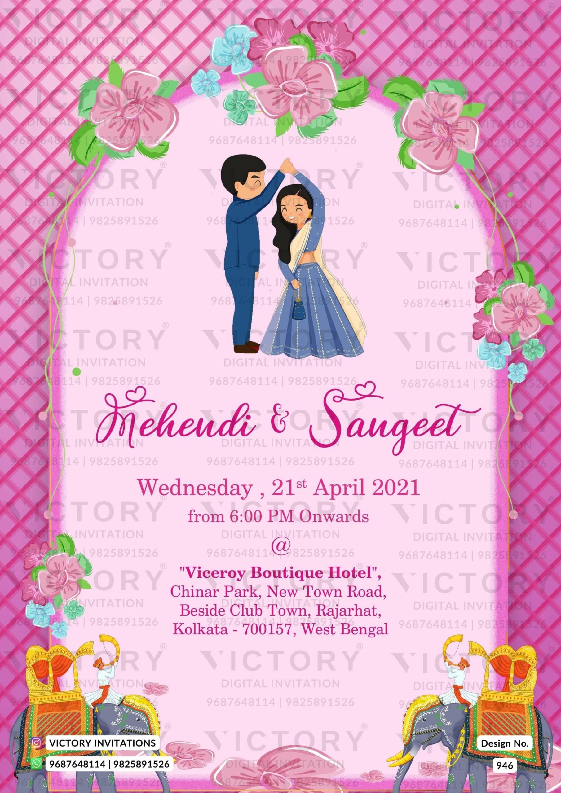 Stunning Pink and Brown Traditional Floral Theme Indian Digital Wedding Invites with Beautiful Original Couple Portraits
