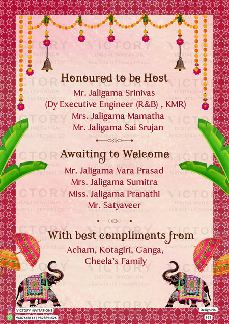 Traditional Blush Pink and Green Vintage Floral Theme Electronic Wedding Invites with Couple Caricature Illustration