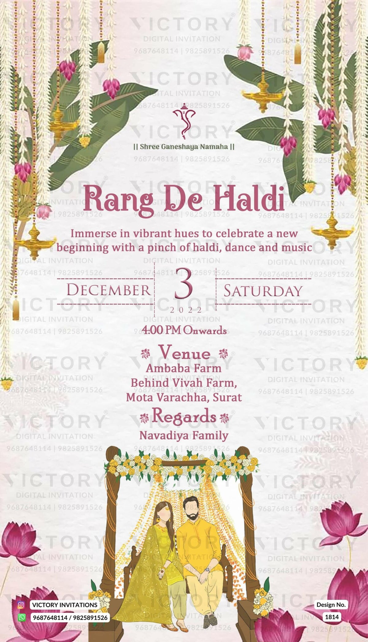 Off-White and Blush Pink Traditional Floral Theme Indian Wedding E-invitations with Haldi Couple No-face Illustration