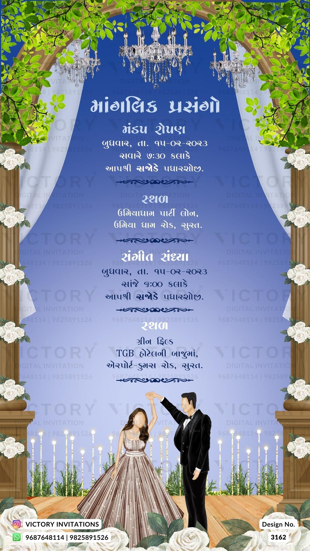 A Mesmerizing Colors and Elegance Unveiling a Wedding Invitation with Couple's Doodles, Regal Gates, and Ganesha's Motif, Marigold and Blooms Delights, Design no.3162