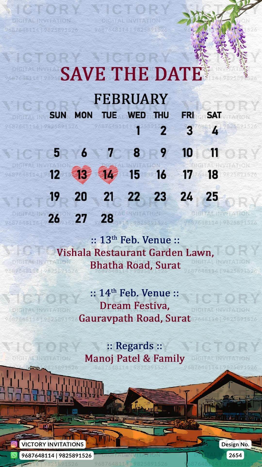 Rustic Lilac and Off-white Whimsical Floral Theme Digital Save the Date Invites with Couple Caricature and Water-colored Location Illustrations, Design no. 2654