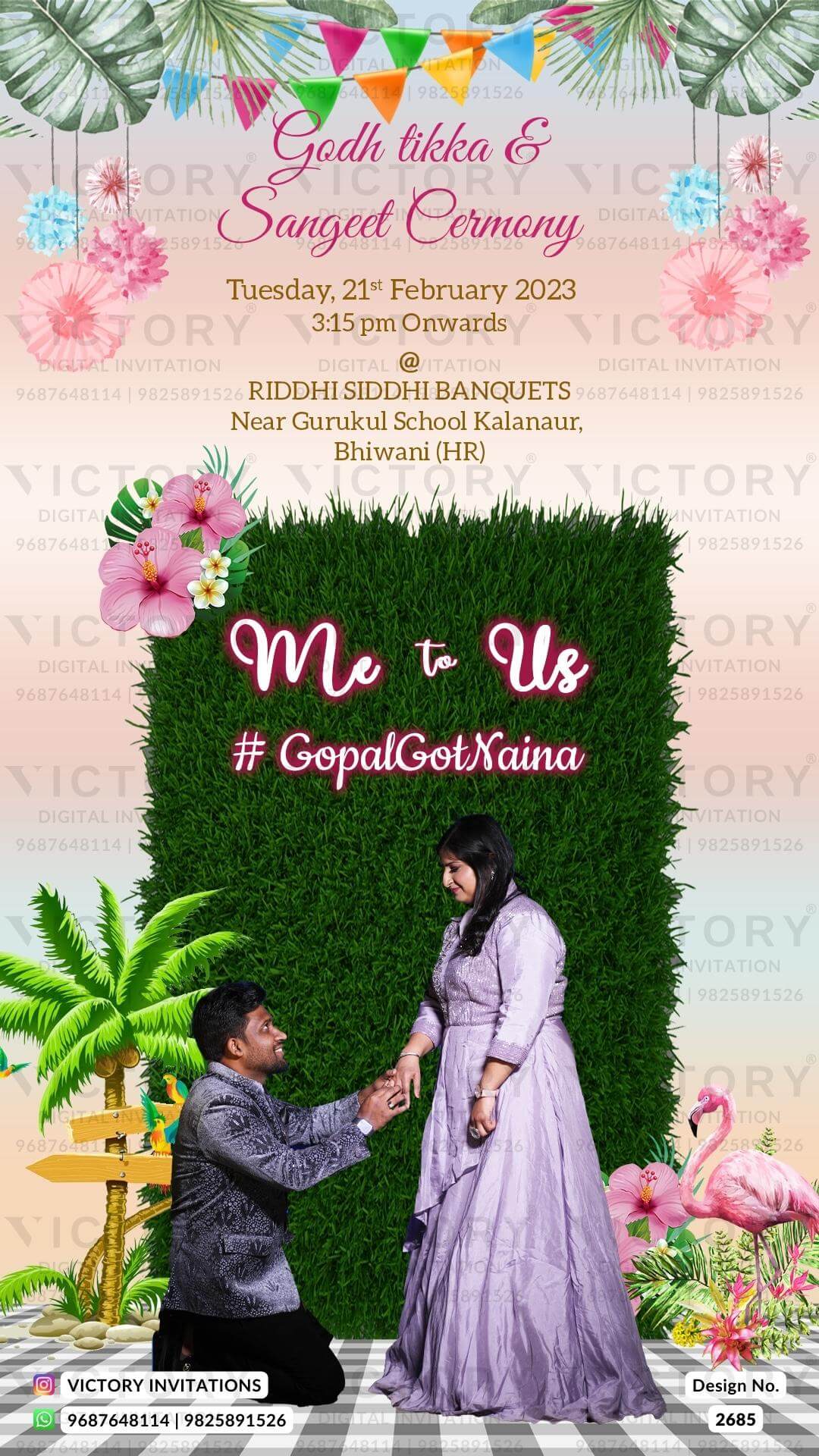 Vibrant Shaded Whimsical Garden Theme Indian Wedding E-cards with Original Couple Portraits and Couple Caricature Illustration, Design no. 2685