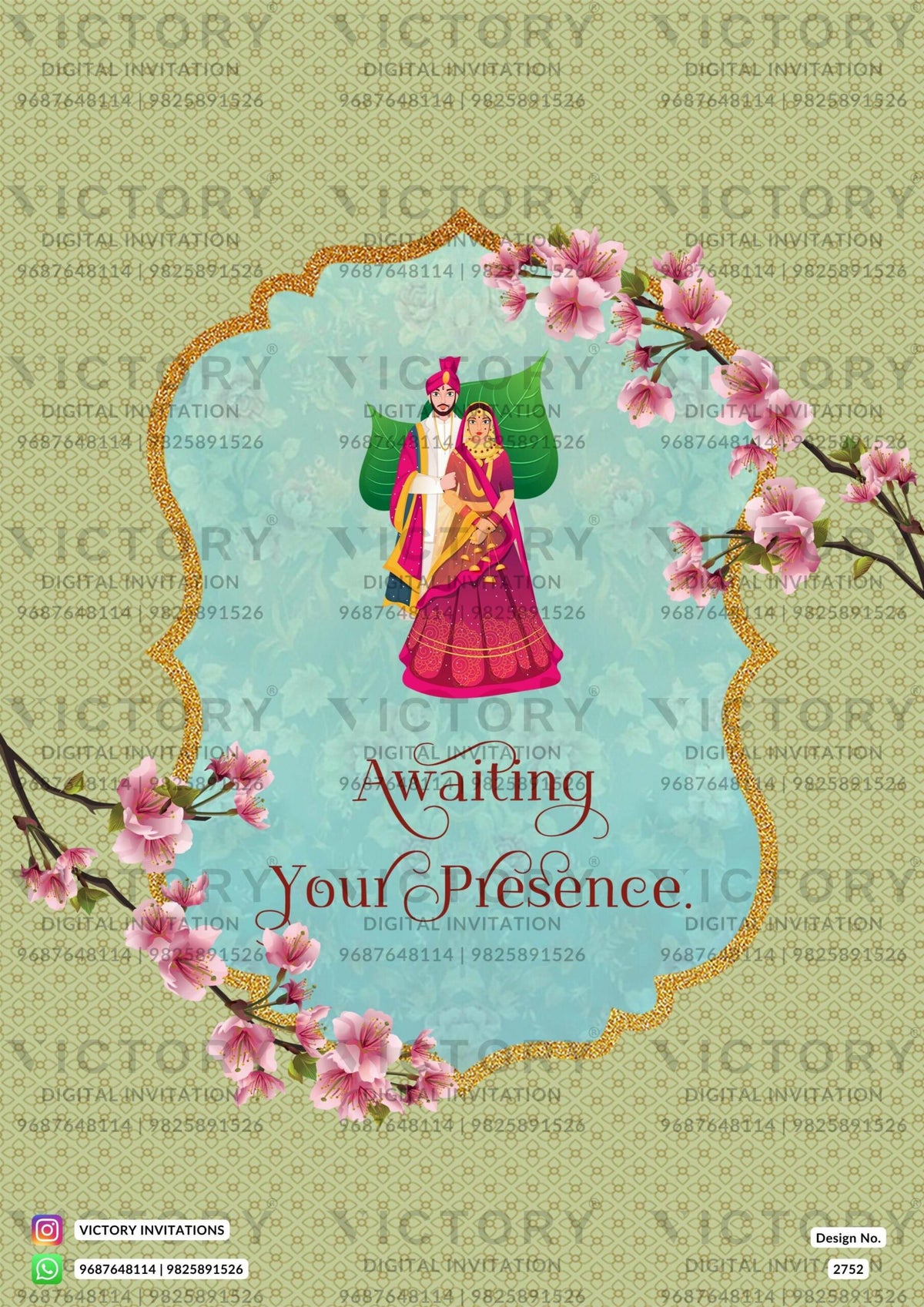Pastel Pink and Blue Vintage Floral Theme Indian Wedding Save the Date Invitations with Classic Indian Wedding Couple Doodle Illustrations, Design no. 2752