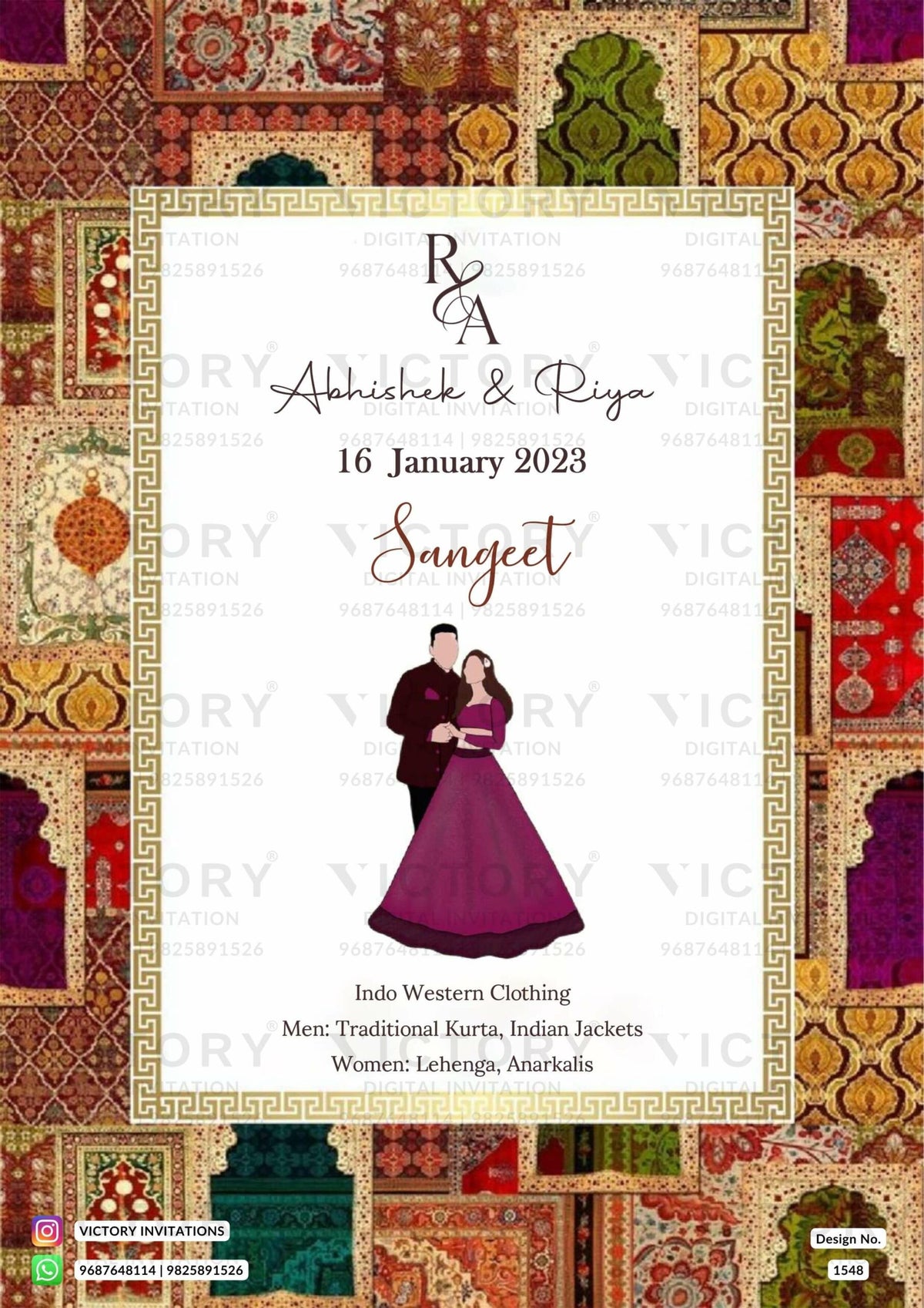 White and Vibrant Shaded Traditional Indian Vintage Theme Online Wedding Cards with Festive Indian Couple No-face Caricature Illustrations